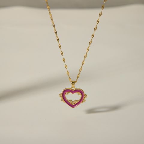 Elegant Simple Style Heart Shape Titanium Steel Copper Enamel Plating Inlay Zircon 18k Gold Plated Pendant Necklace