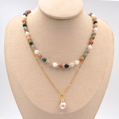 304 Stainless Steel Freshwater Pearl Agate Gold Plated Elegant Vintage Style Beaded Plating Geometric Necklace