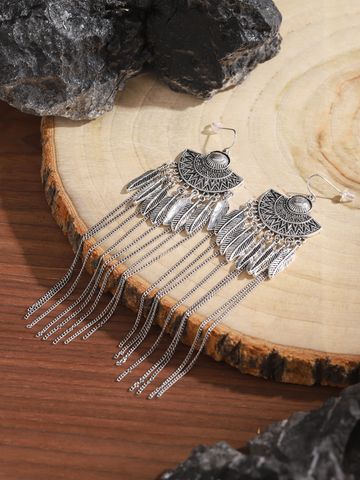 1 Pair Retro Ethnic Style Bohemian Totem Feather Chain Carving Alloy Drop Earrings