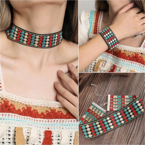Retro Ethnic Style Rhombus Polyester Metal Embroidery Handmade Women's Bracelets Necklace