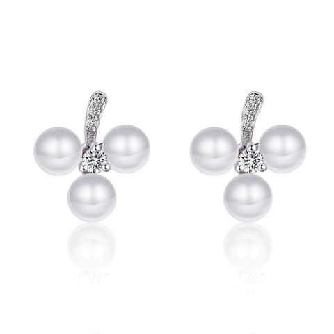 1 Pair Simple Style Round Plating Inlay Copper Artificial Pearls Zircon White Gold Plated Ear Studs