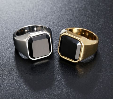 Elegant Square Titanium Steel Inlay Agate Men's Rings