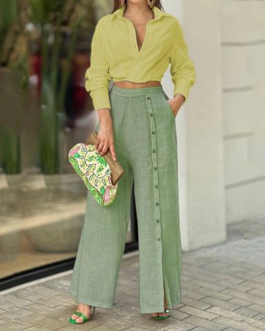 Daily Women's Casual Elegant Solid Color Linen Button Pants Sets Pants Sets