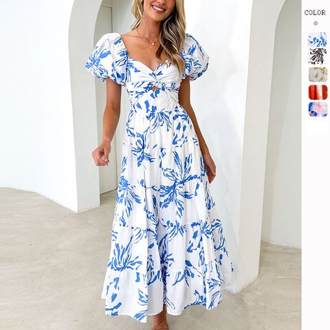 Frau Swing-kleid Elegant Ferien V-ausschnitt Kurzarm Drucken Maxi Langes Kleid Ferien Straße