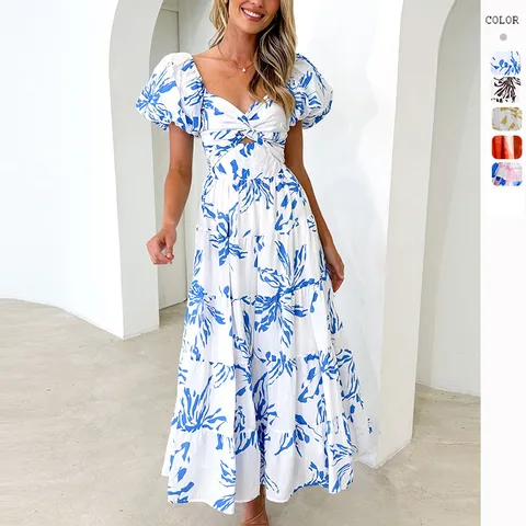 Women's Swing Dress Elegant Vacation V Neck Short Sleeve Printing Maxi Long Dress Holiday Street