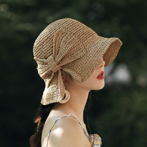 Women's Pastoral Solid Color Bowknot Wide Eaves Straw Hat