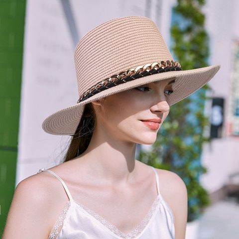Women's Elegant Simple Style Solid Color Chain Wide Eaves Fedora Hat