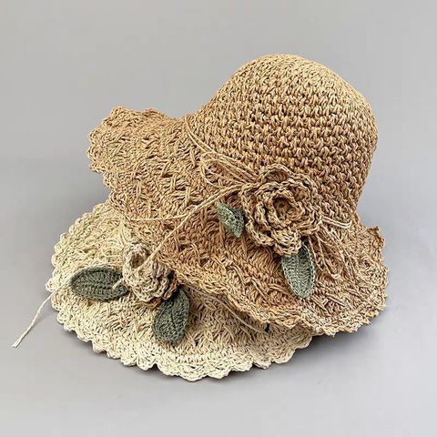 Women's Pastoral Solid Color Flowers Wide Eaves Straw Hat