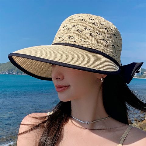 Women's Elegant Pastoral Simple Style Solid Color Bowknot Hollow Out Wide Eaves Sun Hat