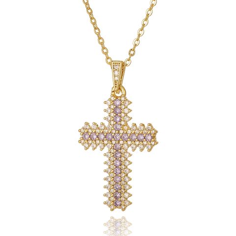 Simple Style Cross Copper Inlay Zircon Pendant Necklace