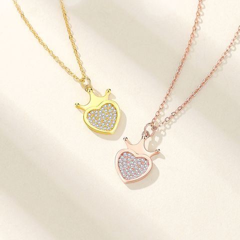 Lady Heart Shape Crown Sterling Silver Plating Inlay Zircon Pendant Necklace
