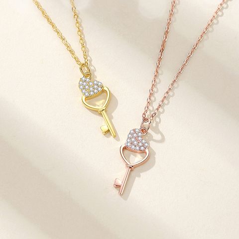 Simple Style Heart Shape Key Sterling Silver Plating Inlay Zircon Pendant Necklace