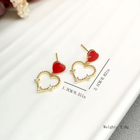 1 Pair Simple Style Heart Shape Enamel Inlay Copper Zircon Drop Earrings