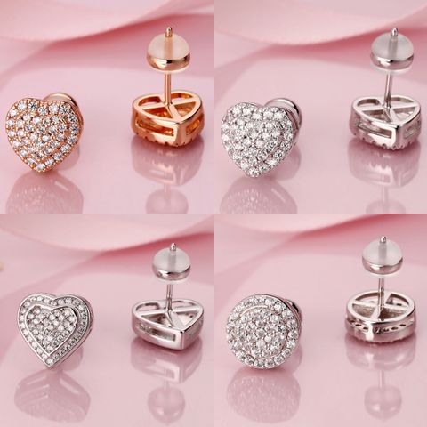 1 Pair Cute Sweet Round Heart Shape Plating Inlay Copper Zircon 14k Gold Plated Ear Studs