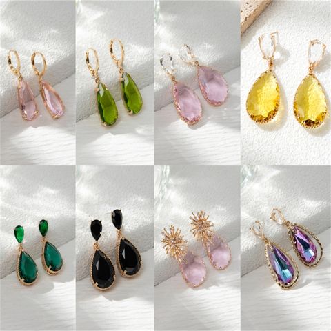1 Pair Elegant Shiny Water Droplets Plating Inlay Alloy Glass Rhinestones Gold Plated Drop Earrings