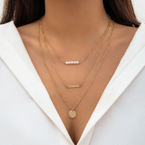 Simple Style Round Rectangle Imitation Pearl Alloy Copper Chain Women's Layered Necklaces