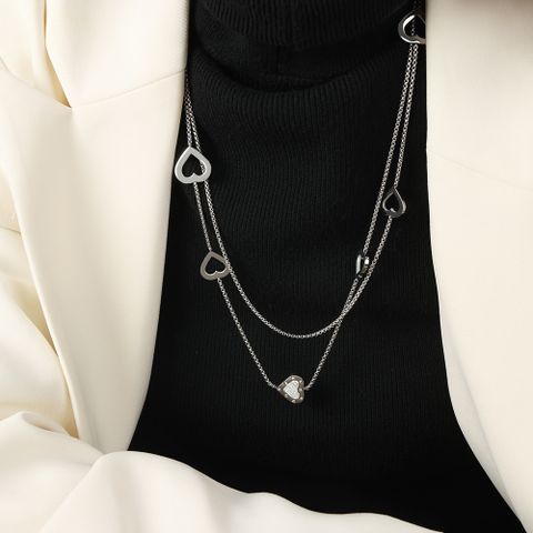 Casual Romantic Simple Style Heart Shape Titanium Steel Plating Hollow Out Inlay Artificial Diamond Sweater Chain Long Necklace