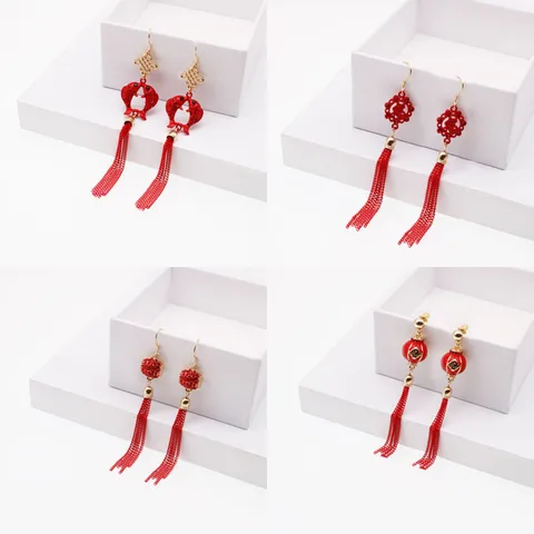 1 Pair Chinoiserie Tassel Inlay Alloy Rhinestones Drop Earrings