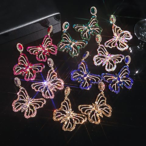 1 Pair Shiny Butterfly Inlay Alloy Rhinestones Zircon Drop Earrings