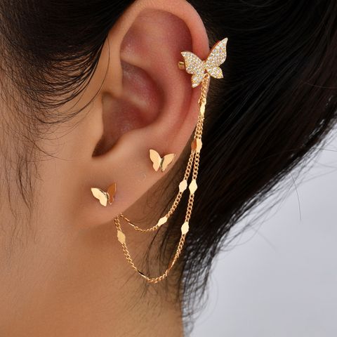 1 Pair Simple Style Commute Heart Shape Butterfly Asymmetrical Chain Inlay Copper Zircon Ear Cuffs Ear Studs
