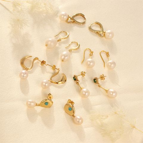 1 Pair Elegant Luxurious Irregular Plating Inlay Freshwater Pearl Copper Turquoise Zircon 18k Gold Plated Drop Earrings