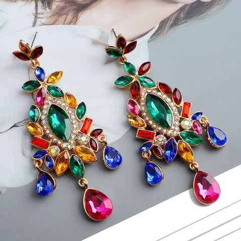 1 Pair Ethnic Style Shiny Water Droplets Flower Tassel Plating Inlay Zinc Alloy Glass Drop Earrings