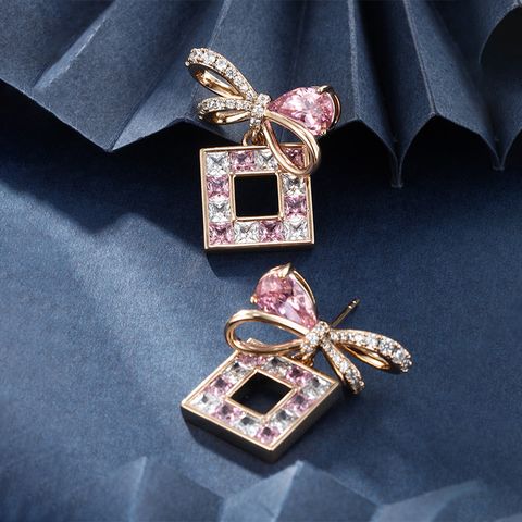 1 Pair Casual Glam Square Bow Knot Transparent Copper Alloy Artificial Gemstones 18k Gold Plated Drop Earrings