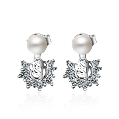 1 Pair Lady Flower Plating Inlay Copper Pearl Zircon White Gold Plated Drop Earrings