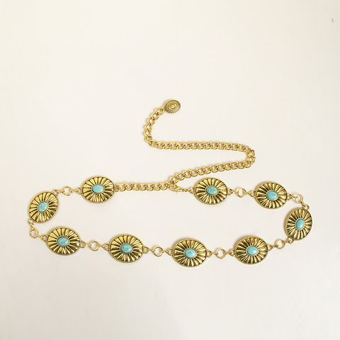 Retro Oval Metal Inlay Turquoise Women's Chain Belts 1 Piece