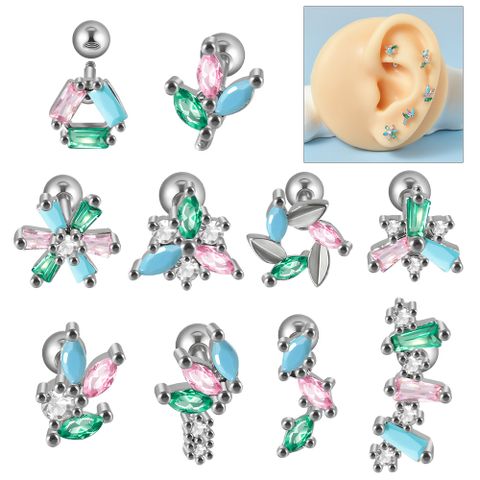 1 Piece Simple Style Leaf Flower Inlay Stainless Steel Turquoise Zircon Ear Studs