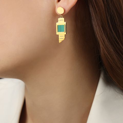 1 Pair Casual Elegant Simple Style Square Plating Inlay Turquoise Titanium Steel Artificial Diamond Turquoise Shell 18k Gold Plated Drop Earrings