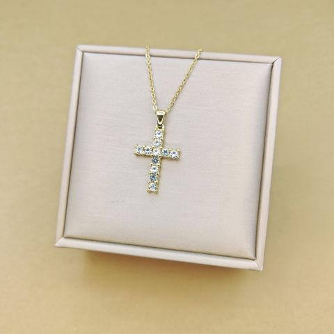 Simple Style Cross Stainless Steel Plating Inlay Rhinestones 18k Gold Plated Pendant Necklace