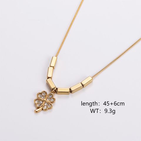 304 Stainless Steel 18K Gold Plated Simple Style Plating Inlay Four Leaf Clover Maple Leaf Water Droplets Rhinestones Pendant Necklace