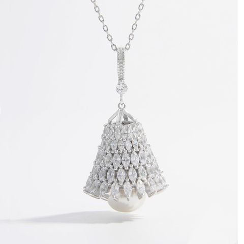 Glam Shiny Bulb Bell Sterling Silver Plating Three-dimensional Inlay Pearl Zircon White Gold Plated Rhodium Plated Pendant Necklace
