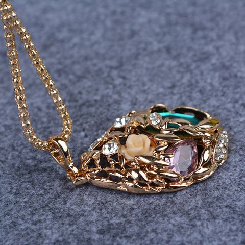 Elegant Water Droplets Rose Alloy Plating Inlay Artificial Rhinestones Women's Sweater Chain Long Necklace