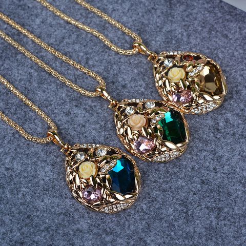 Elegant Water Droplets Rose Alloy Plating Inlay Artificial Rhinestones Women's Sweater Chain Long Necklace