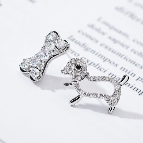 1 Pair Cute Dog Unforgettable Plating Inlay Copper Zircon White Gold Plated Ear Studs