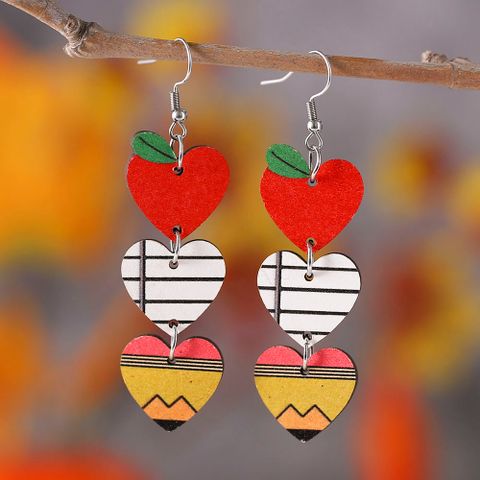 1 Pair Fashion Heart Shape Apple Wood Drop Earrings