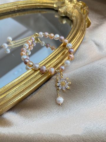 Simple Style Flower Freshwater Pearl Copper Inlay Zircon Bracelets