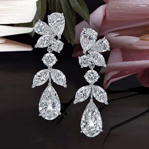 1 Pair Simple Style Shiny Leaf Water Droplets Inlay Copper Zircon Drop Earrings