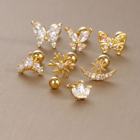 1 Piece Sweet Simple Style Moon Butterfly Snowflake Plating Inlay Stainless Steel Zircon Cartilage Earrings