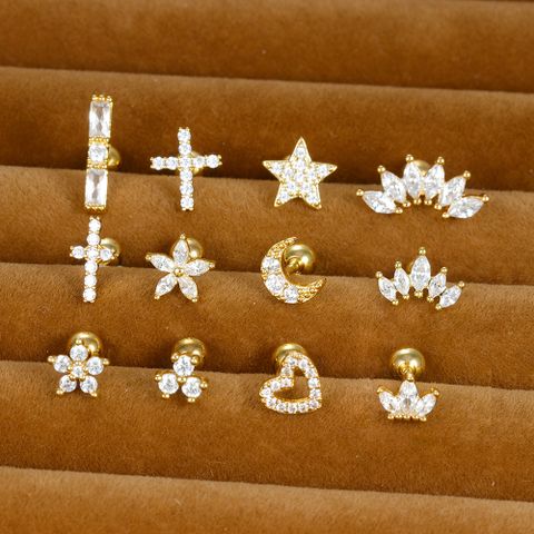 1 Piece Simple Style Star Heart Shape Crown Plating Inlay Stainless Steel Zircon Ear Studs