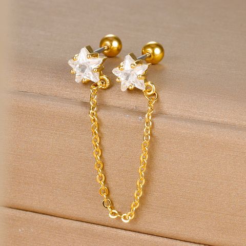 1 Piece Ig Style Shiny Star Plating Chain Inlay Stainless Steel Zircon Ear Studs