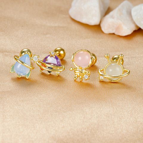 1 Piece Cute Simple Style Cartoon Character Plating Inlay Stainless Steel Artificial Gemstones Zircon Ear Studs