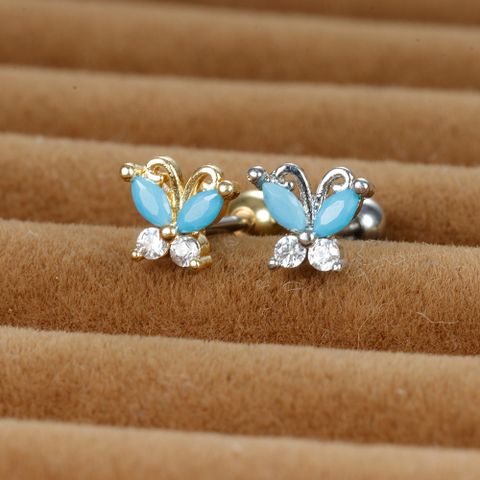1 Piece Ig Style Sweet Butterfly Plating Inlay Stainless Steel Turquoise Zircon Ear Studs