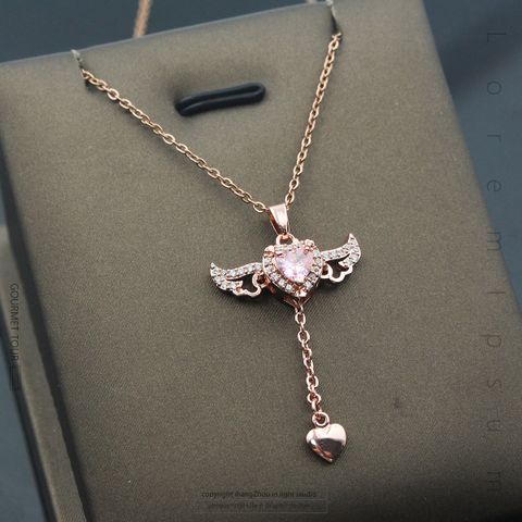 Ig Style Sweet Heart Shape Wings Titanium Steel Copper Plating Inlay Zircon Pendant Necklace