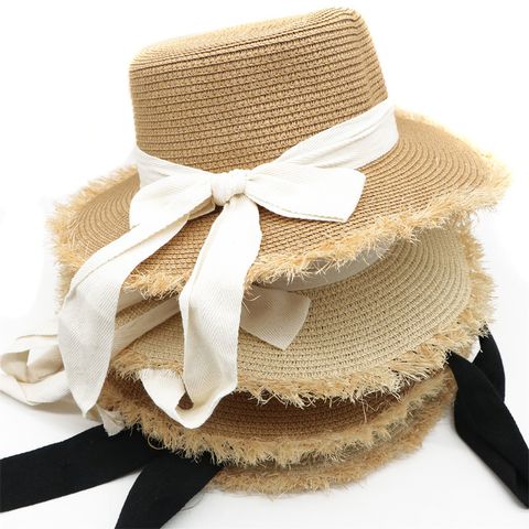 Women's Cute Sweet Color Block Bowknot Wide Eaves Straw Hat