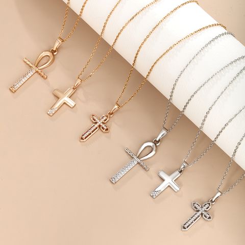 Xuping Simple Style Commute Cross Copper Alloy Plating Inlay Artificial Diamond 18k Gold Plated White Gold Plated Women's Pendant Necklace