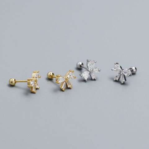 1 Pair Sweet Bow Knot Plating Inlay Sterling Silver Zircon Ear Studs