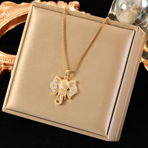 Wholesale Simple Style Elephant Stainless Steel Brass Plating Inlay 18K Gold Plated Zircon Pendant Necklace